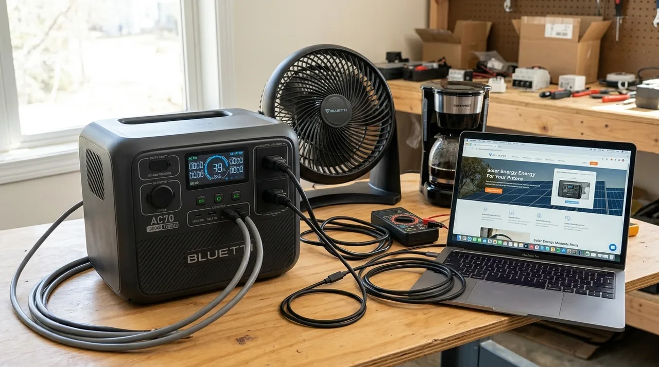 BLUETTI AC70 conectada a notebook e eletrodomésticos durante os testes práticos